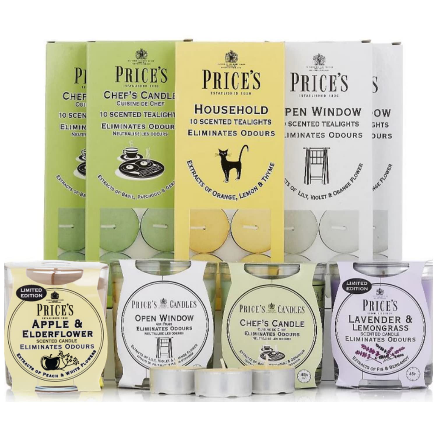 Prices Candles Spring Scented Glass Candle Jar & Tealights Bundle Includes Open Widow, Chefs, Household, Apple & Elderflower & Lavender Lemongrass 205 Hours Burn Time
