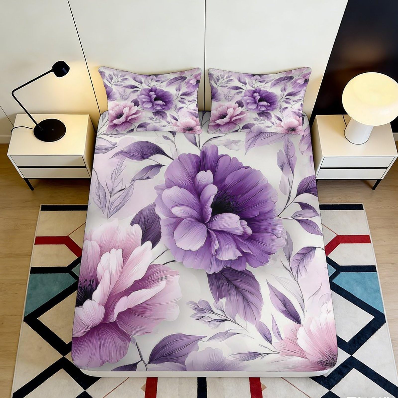 Kzqnxhjprl Style-8 3D Printed Purple Peony Fitted Sheet Microfiber Soft Floral Bed Cover For Bedroom Decor Dorm Mattress Protection 90X200x25cm