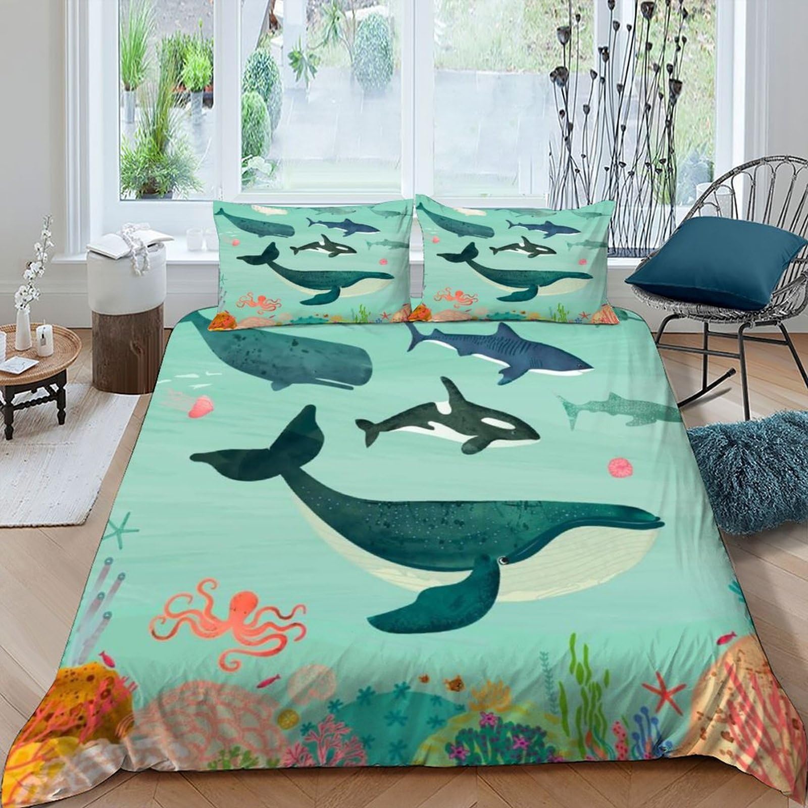 Whales Corals Bedding Set Theme Bedspread Animal Theme Marine Animal Duvet Cover Set Chic Breathable Comforter Cover Universal for All Seasons with Pillow King（220x240cm）