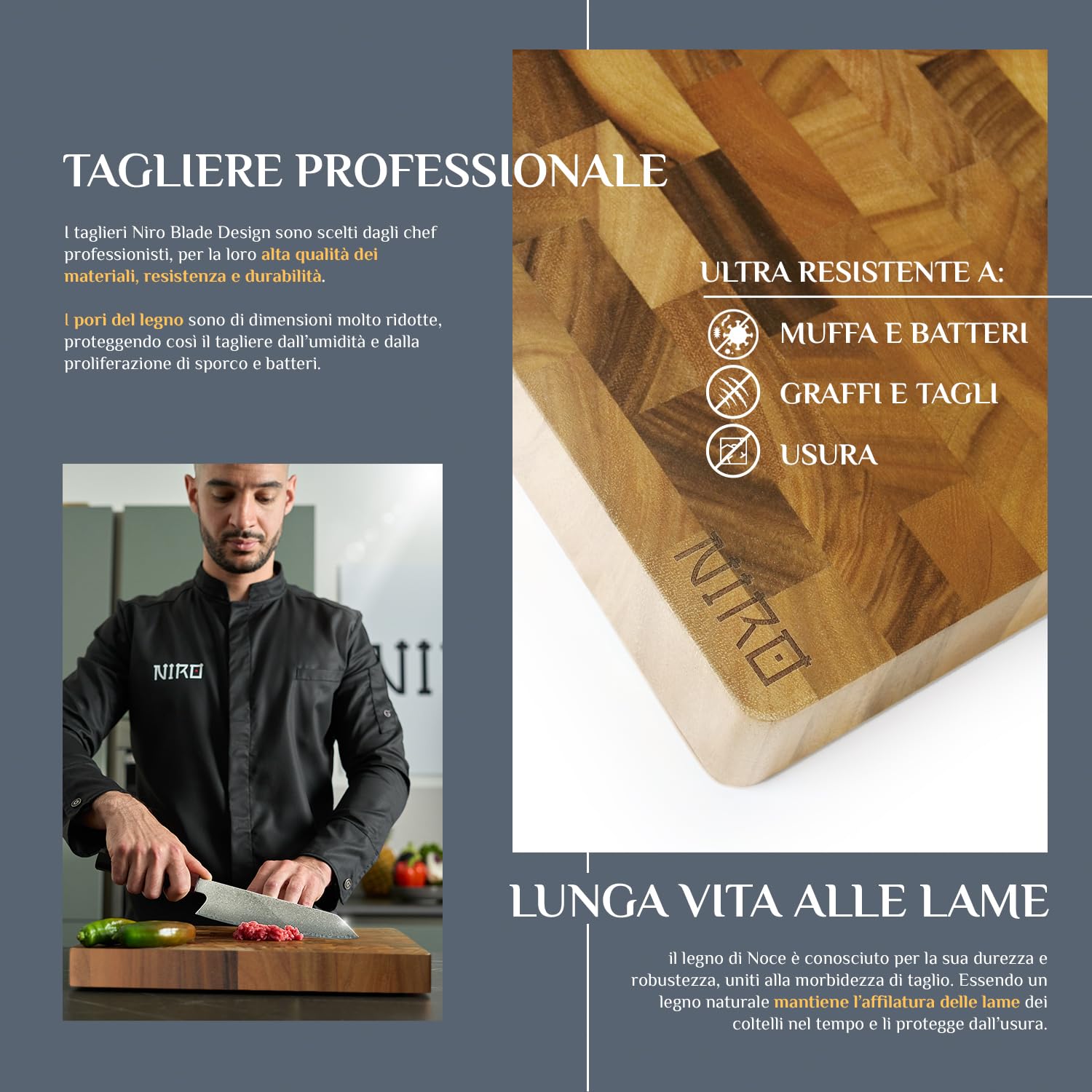 NIRO Tagliere da Cucina Professionale XL 100% Legno Naturale di Noce, SPESSORE 4 CM, Dimensioni 40 x 30 x 4 cm, Atossico, Legno Massello Pregiato, Utilizzabile come Vassoio da Portata, Design Unico