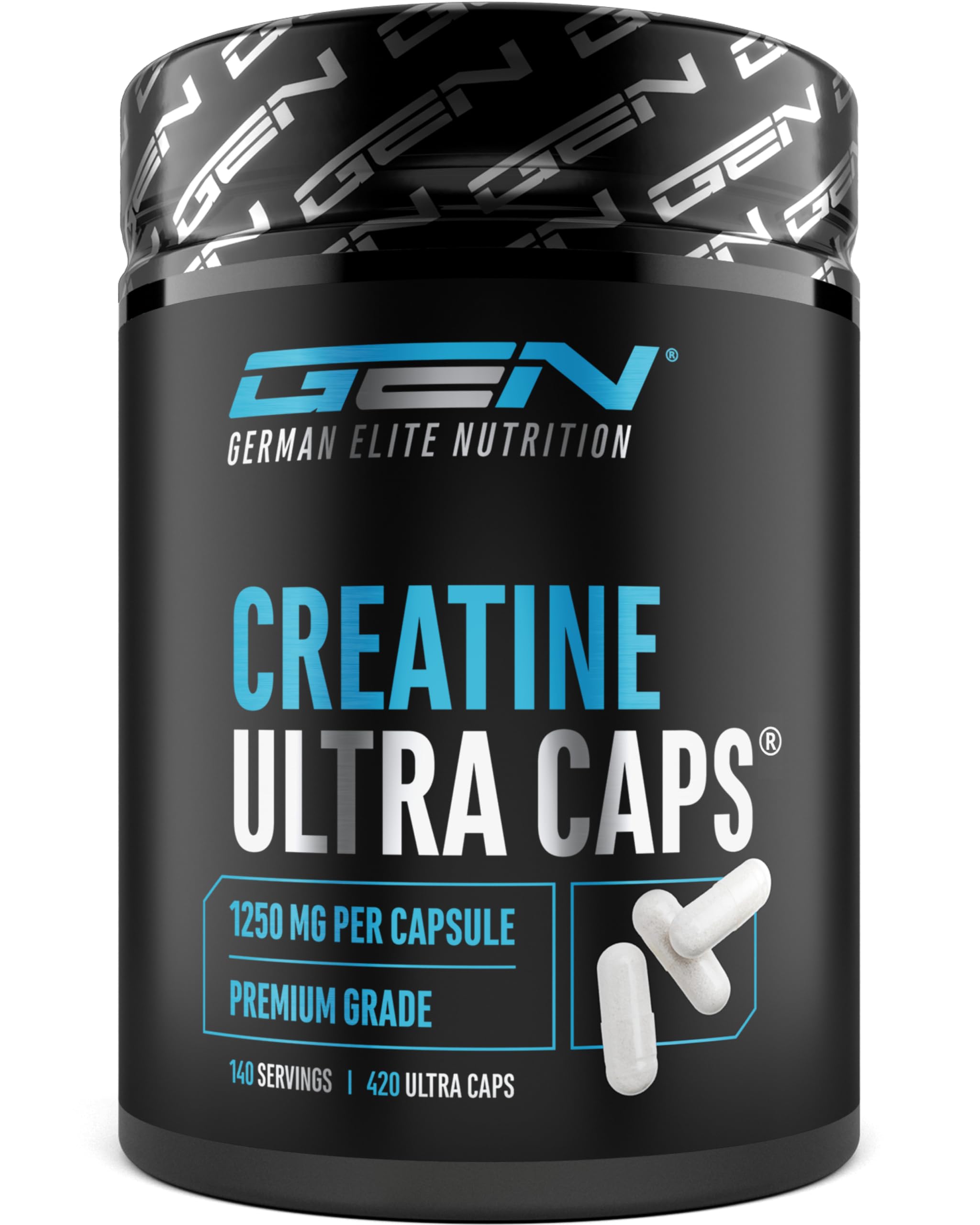 Creatine Ultra Caps - 420 Gélules avec 1250 mg de Créatine Pure Monohydrate chacune - Premium : Ultrafine + Facteur Mesh de 200 - Fortement Dosé