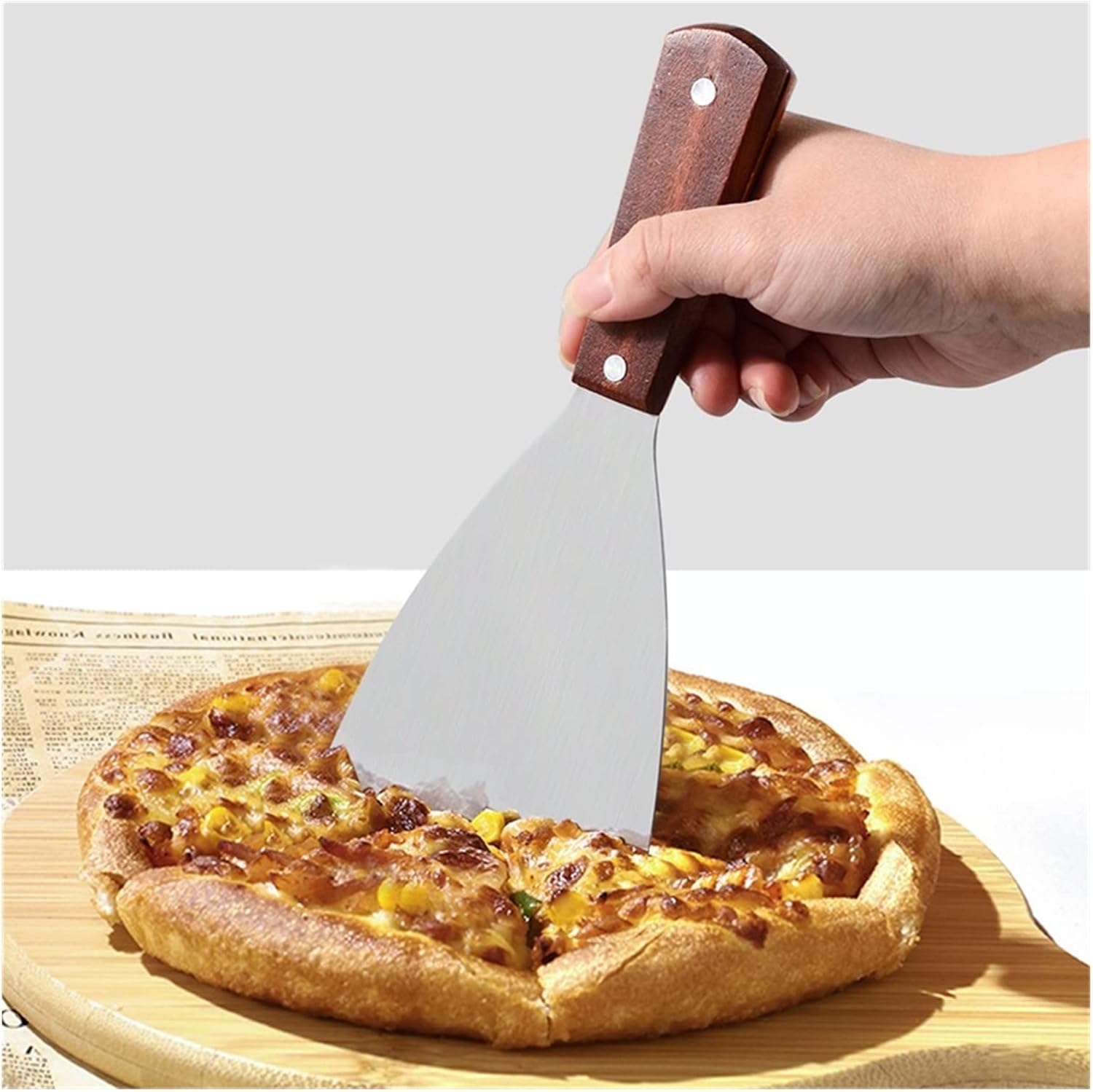 Pizza Slicer Stainless Steel Steak Fried Shovel Wooden Handle Pancake Flipping Spatula Pastry Dough Cutter Pizza BBQ Baking Tools Pizza Cutters