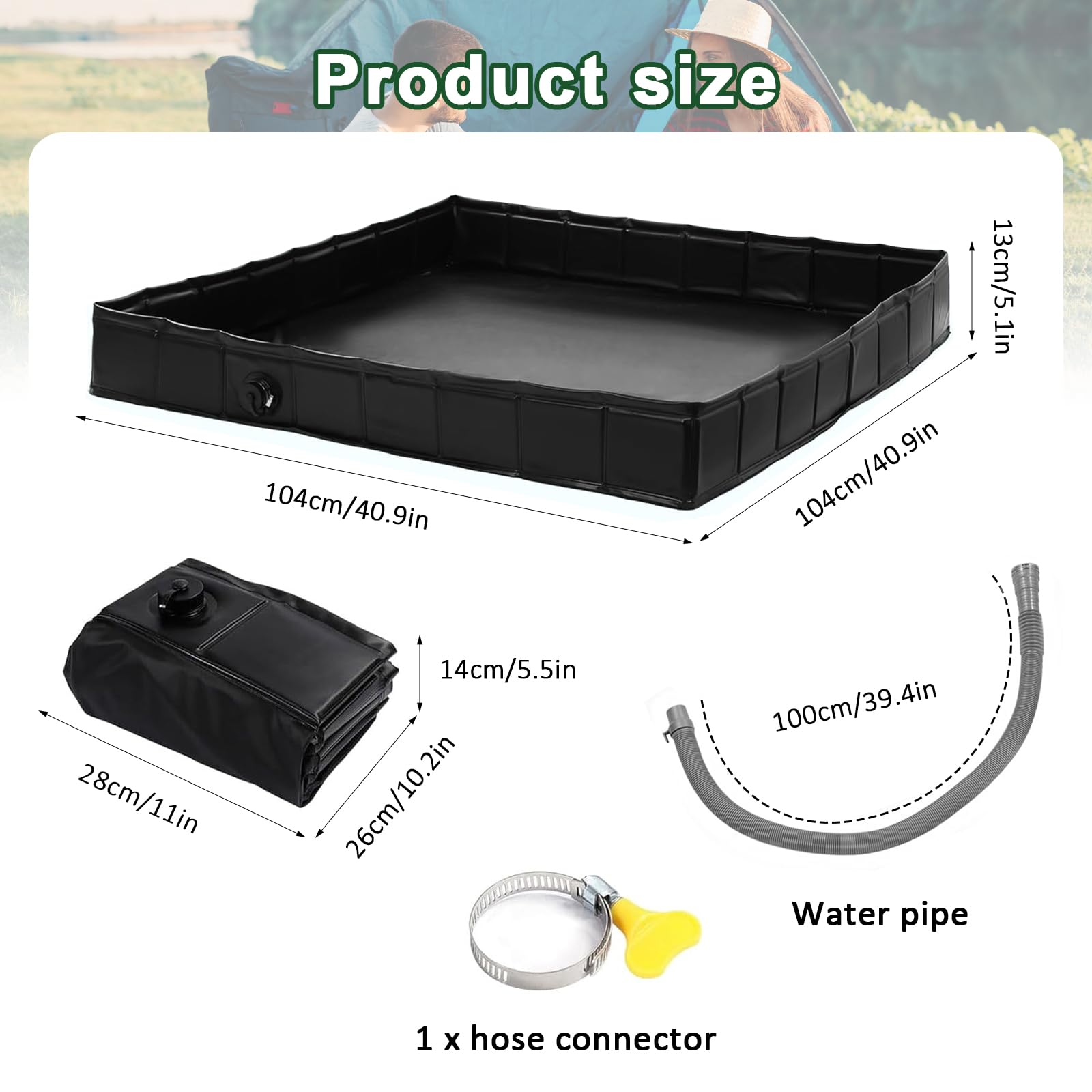 Piatto Doccia Pieghevole, Base per Tenda Doccia Campeggio, 104 x 104 x 13 cm, Doccia Portatile da Campeggio con Tubo di Scarico, Per Doccia Outdoor, Campeggio, Camper, Animali Domestici Grandi