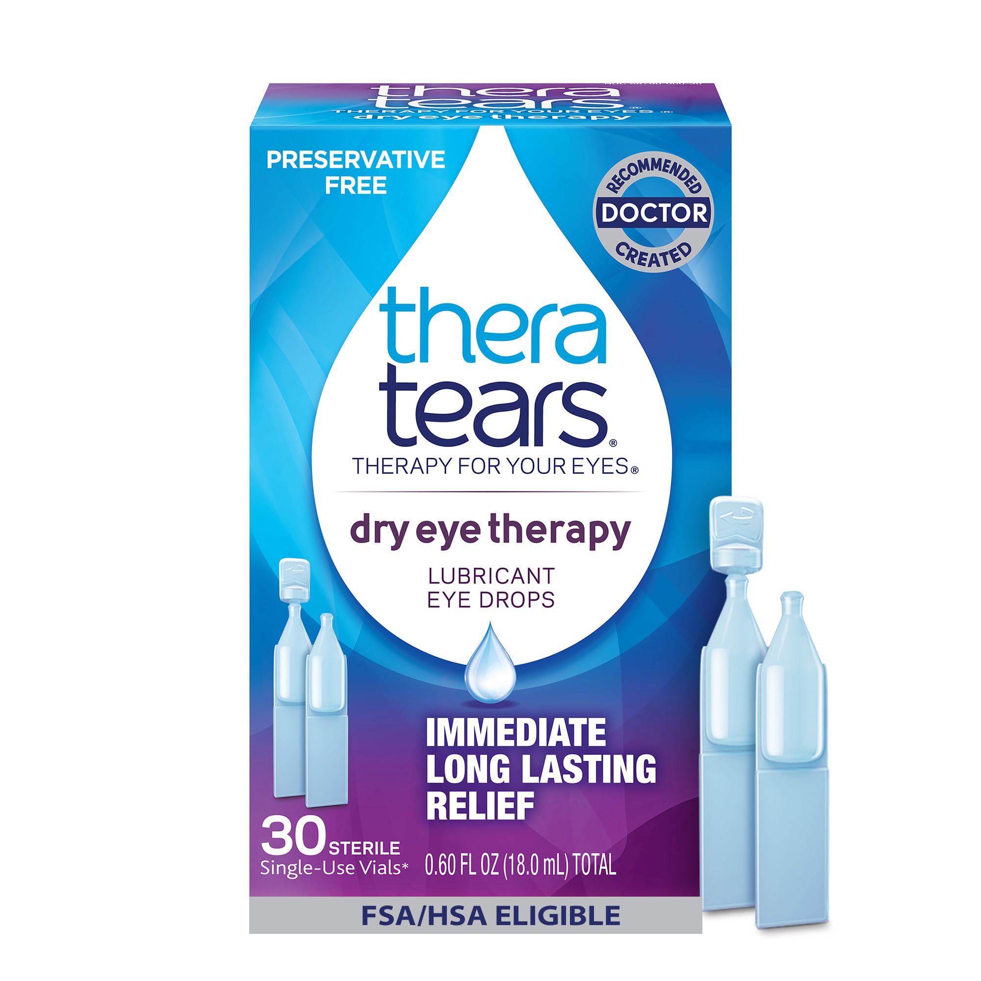 Thera Tears Eye Drops for Dry Eyes, Dry Eye Therapy Lubricant Eyedrops, Preservative Free, 30 Count Single-Use Vials