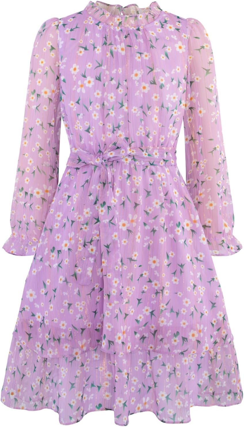 Girls Fall Long Sleeve Dress Floral Ruffle Flower Girl Formal Party Holiday Midi Dresses with Belt 5-14 Years