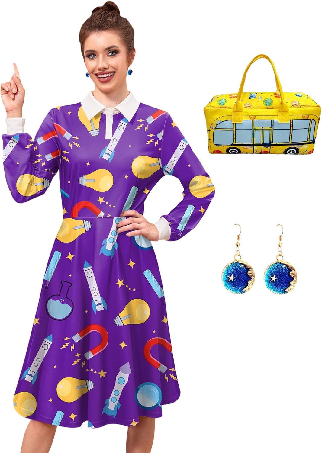 3 Pcs Women Halloween Costume Sets Peter Pan Collar Ms. Frrizle Cosplay Dress with Earrings Purple XL