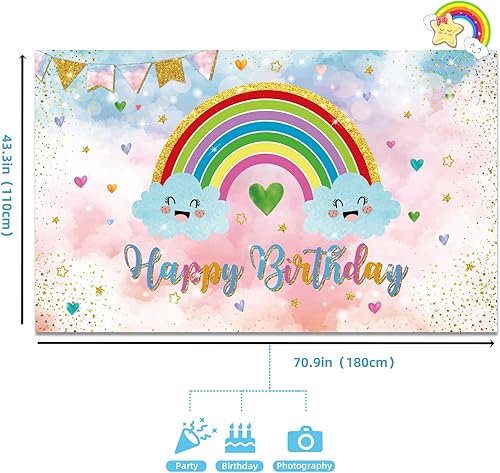 Miniatura 2 de Telón de fondo de arco iris para fiesta temática de arco iris, suministros de fiesta de feliz cumpleaños, decoración para niñas y niños, decoración
