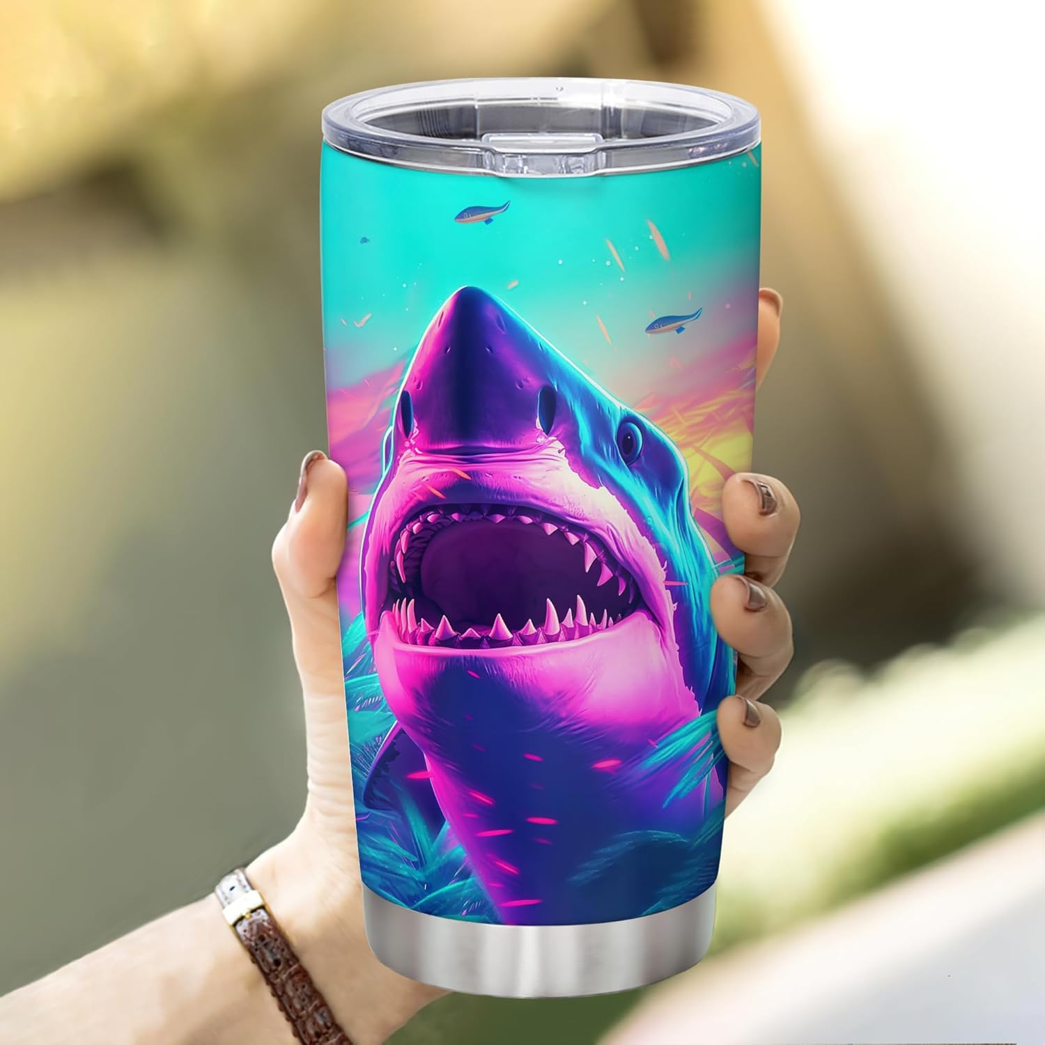 Hyturtle Personalized Gifts Shark Lover - Shark Printed Customized Name Stainless Steel Tumbler 20 oz With Lid - Idea Cute Sea Animal Lover Gifts For Women, Girl, Kids On Birthday, Christmas