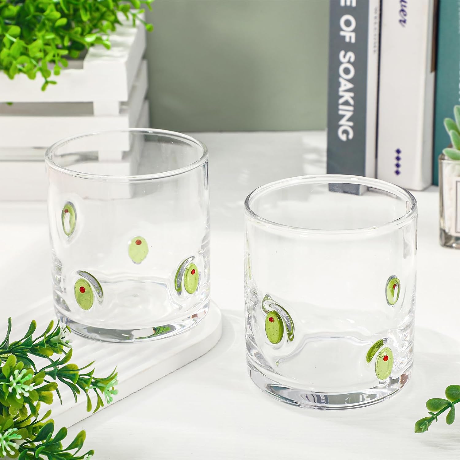 Whaline 2Pcs Olive Icon Juice Glass 14 Oz Wine Glass Green Olive Fruit Stemless Cocktail Drinking Cups for Home Kitchen Birthday Party Favors Supplies