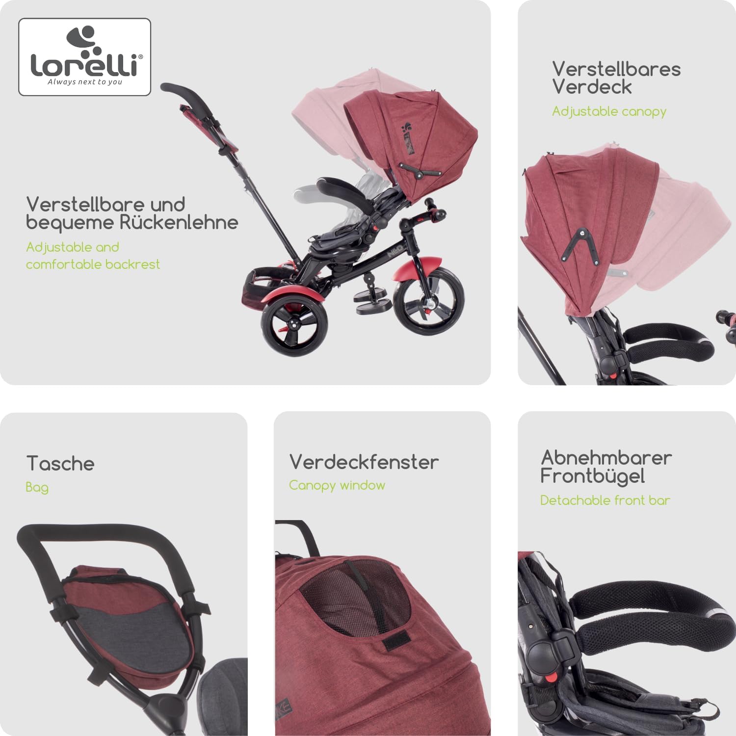 Diagram showing adjustable backrest and adjustable canopy on a red Lorelli tricycle.