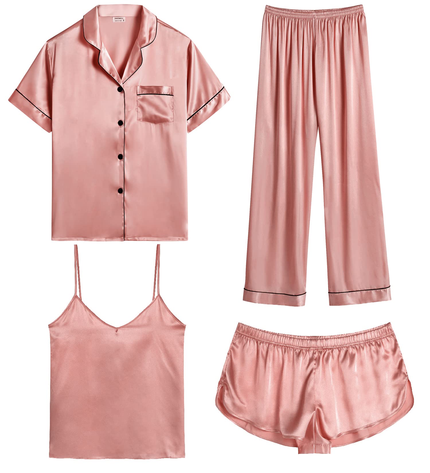 SWOMOG Womens Silk Satin Pajamas Sets 4pcs Sleepwear Sexy Cami Shorts Set and Button Down Short Sleeve Pjs Loungewear
