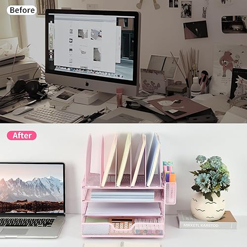 Miniatura 9 de ORDROLL Organizadores de papel de escritorio y accesorios, bandejas de letras de 3 niveles con 5 soportes verticales para archivos, cajón y soporte