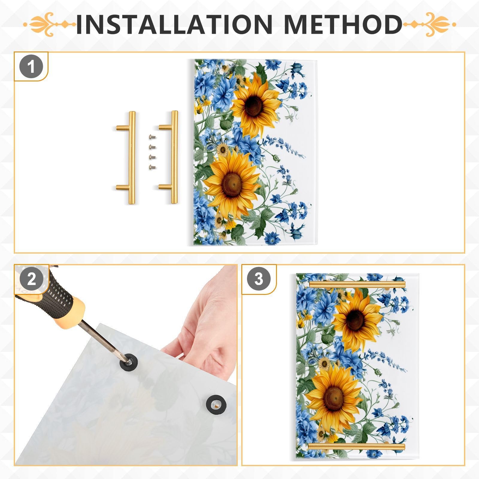 Wassud Bathroom Vanity Tray with Handles Sunflowers and Bluebells (3) Acrylic Jewelry Perfume Organizer for Bathroom Kitchen Counter 11.81