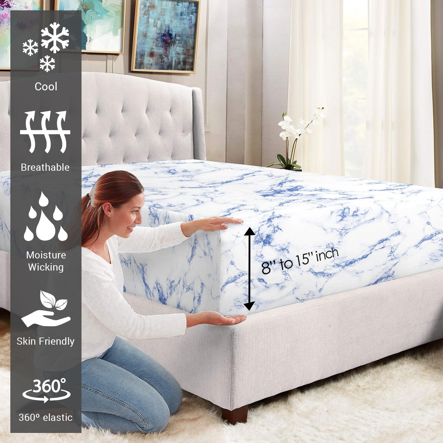 Pizuna Carrara Marble Blue Print Small Double Fitted Sheet Cotton 1 Pc, 400 thread Count 100% Long Staple Cotton Bedding - Image 2