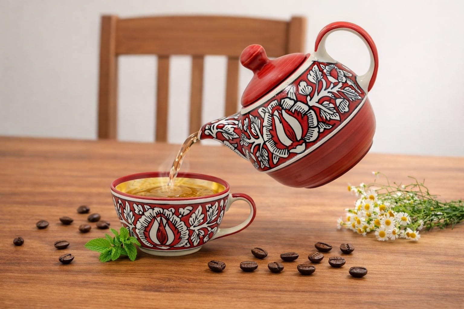 Ceramic Red Printed Tea Pot 360ml with 1- Cup 200ml for Serving Herbal Tea or Coffee in Kitchen and Hotel (Red)