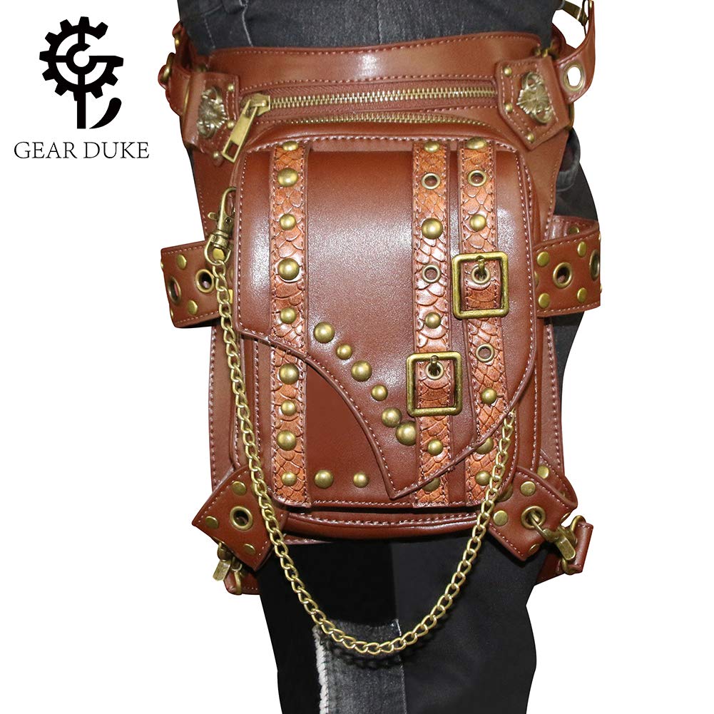 GEARDUKEBrown Retro Women Gothic Leather Steampunk Bag Rock Gothic Goth Shoulder Waist Bags Packs Victorian Style for Women Men Leg Thigh Holster Bag