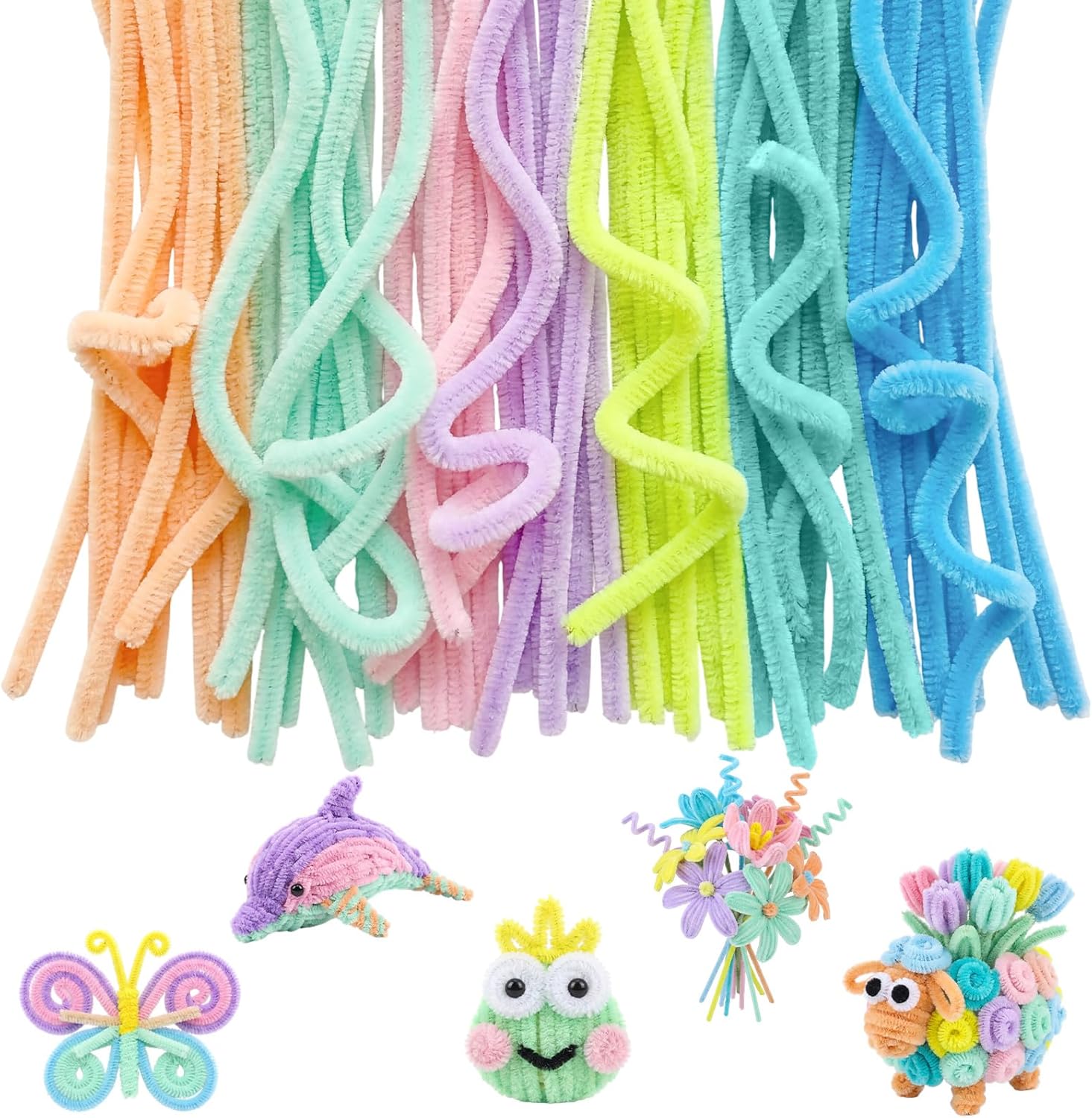 RoundFunny 100 Pcs 24" Macaron Extra Long Pipe Cleaners Bulk Pastel Long Chenille Stem 6 mm Thick Pipe Cleaners Craft Supplies Fuzzy Sticks for Easter Decorations DIY Arts Crafts Project