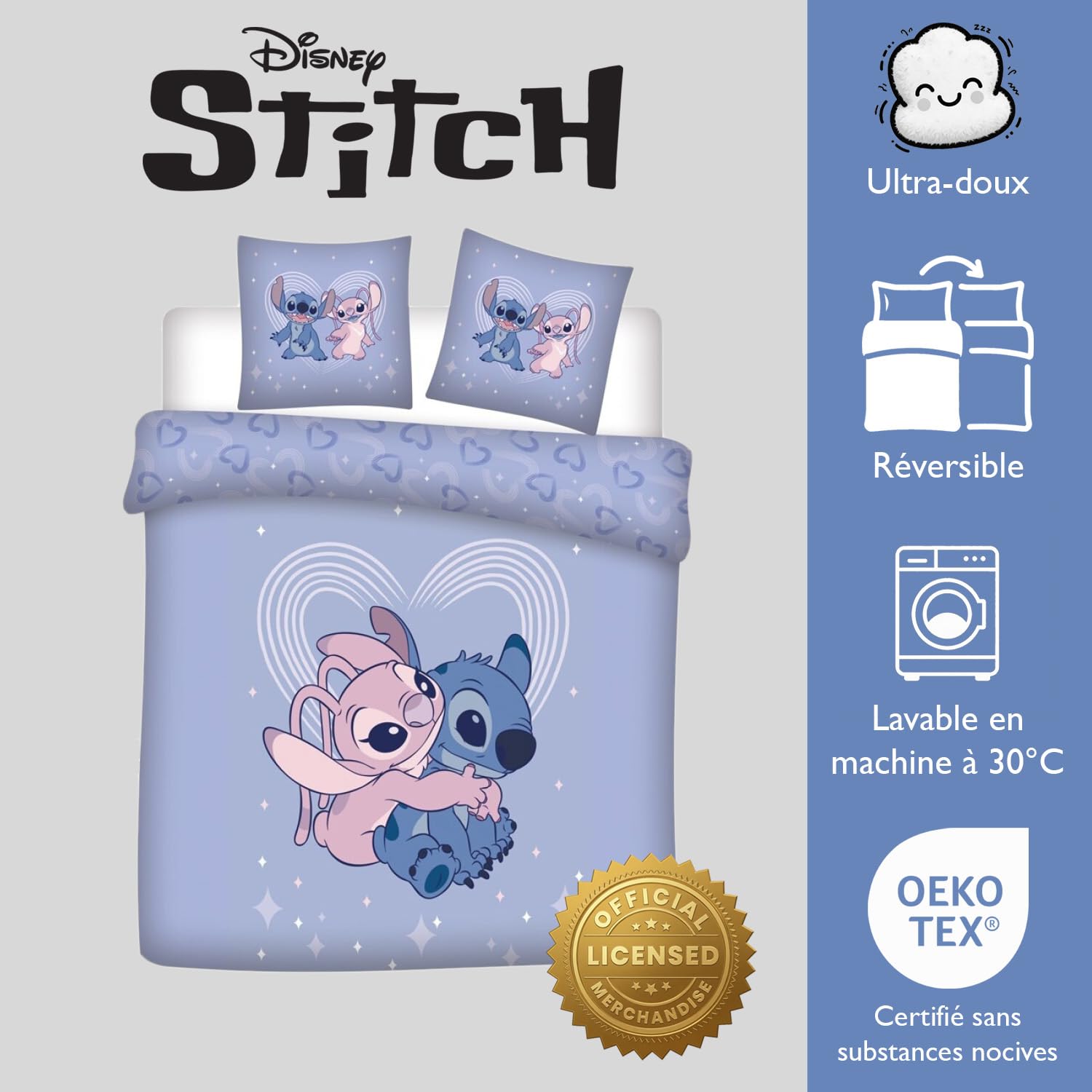 Stitch et Angel Housse de Couette 240x220 + 2 Taies 65x65 Polycoton Cadeau | Parure de lit 2 personnes | Duo Stitch & Angel complice | Séchage rapide facile entretien | St-Valentin | Adulte
