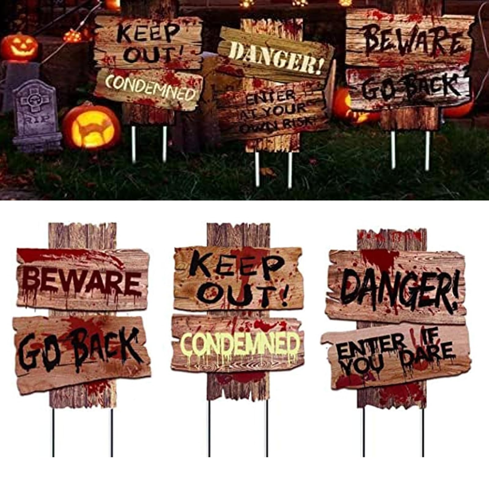 halloween decorations Beware Signs Yard Stakes Outdoor Creepy Assorted Warning Sign,Scary Zombie Theme Party Decor Supplies,13 Inch(35cm) x 11 Inch(27cm),3PCS