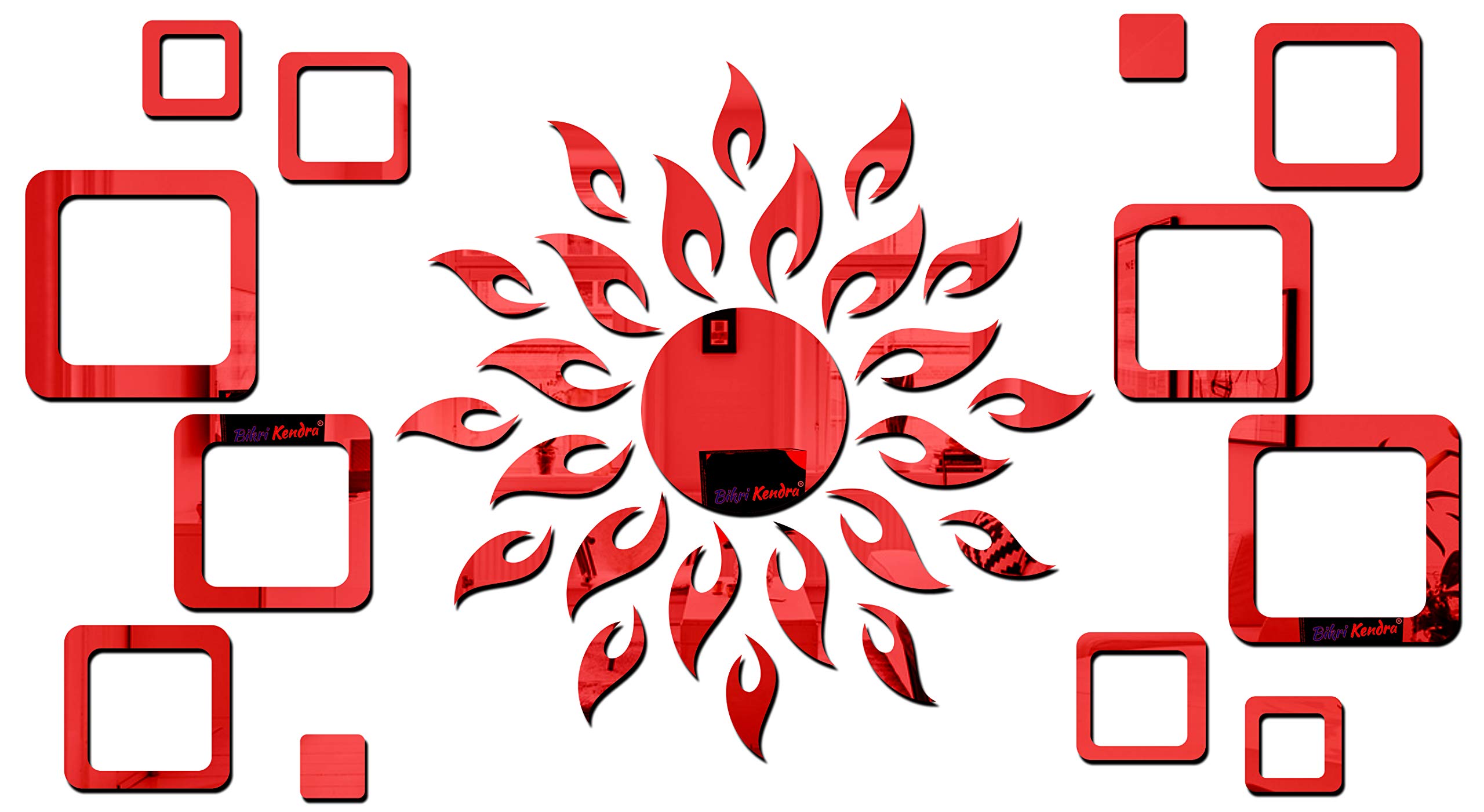 Bikri Kendra - Art BK129, Sun red with Square red 2 Set - 3D Acrylic Mirror Stickers for Wall (B08KJCTG3P) Amazon Price History, Amazon Price Tracker