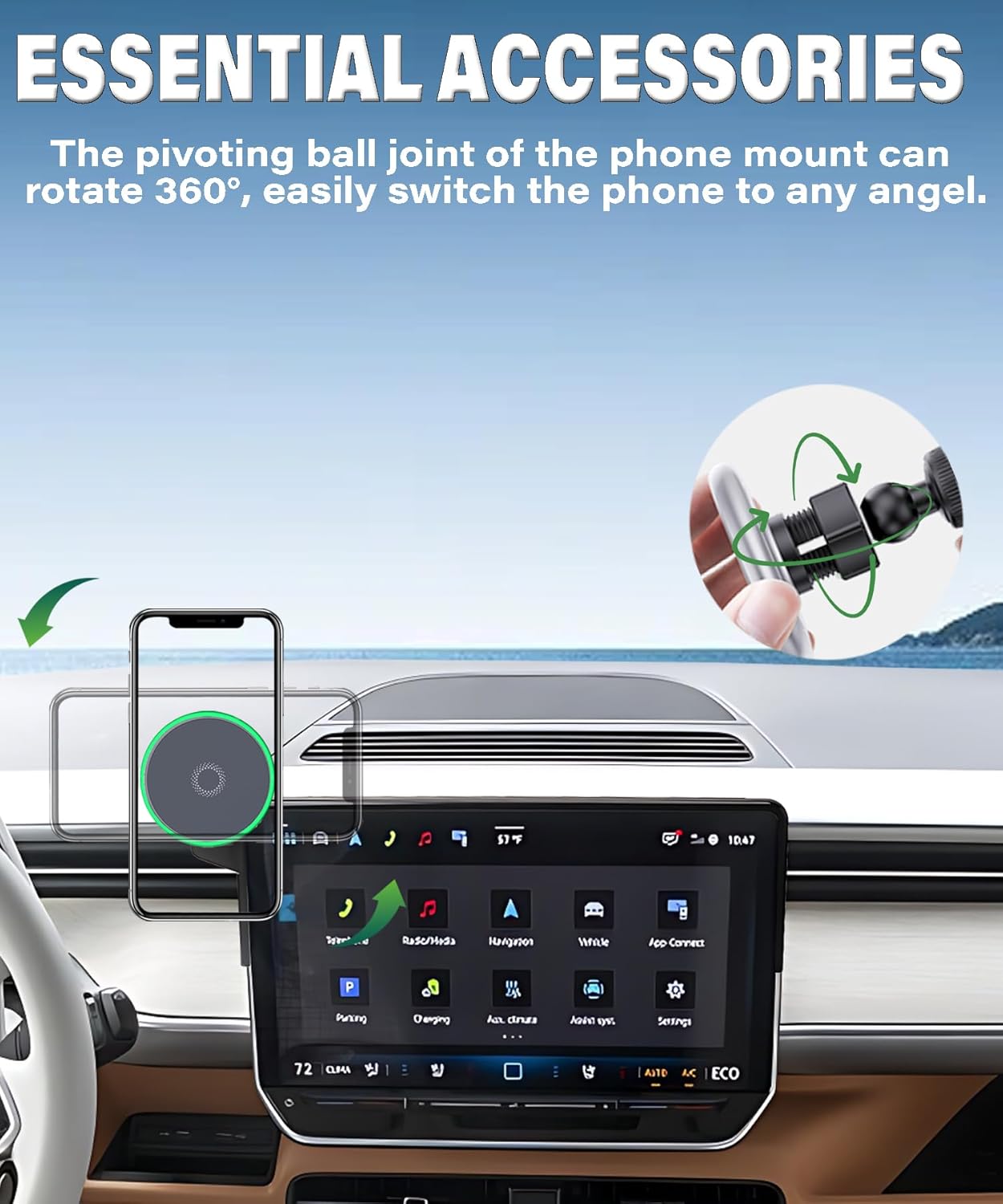 Car Phone Holder for VW ID.4 2024 2025/ID.Buzz 2025 Accessories Apply to 12.9 Inch Touch Screen 15W Fast Wireless Charger Screen Fixed Clip Cell Phone Mount Hands-Free 360 Degree Rotation