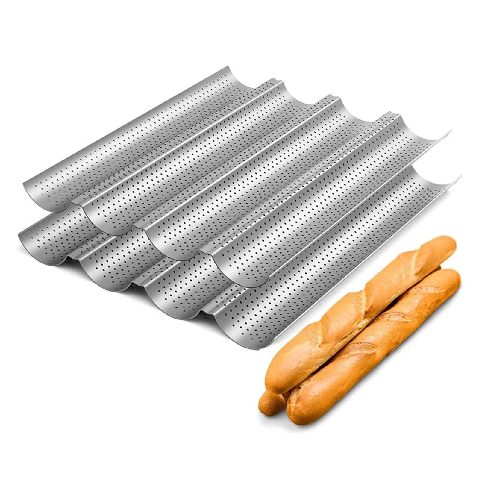 Antihaftbeschichtete perforierte französische Brotbackform, Baguette-Pfanne aus Kohlenstoffstahl, französisches Brot, 4 Wellenbrote, Laibbacken(Gold 4)