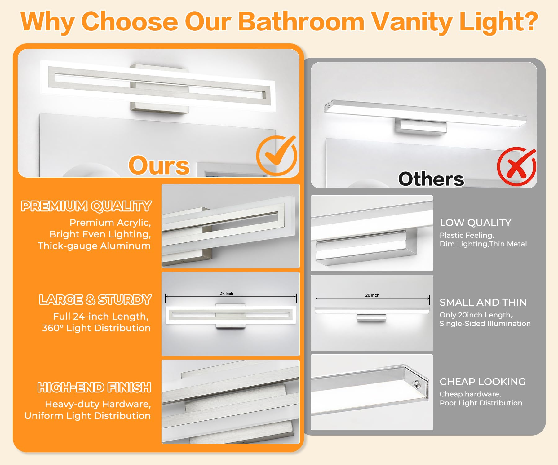 SOLFART Lumière de salle de bain LED au-dessus du miroir 61 cm Nickel brossé - 28 watts - Blanc froid - 2000 lumen - Modern - Montage mural - Suspendu - Touch - Amovible