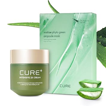 Kim Jeong Moon Aloe Cure Intensive 2X Cream Soothing Moisturizer for Dry Skin Bundle with Phyto Green Ampoule Sheet Mask Korean Skincare Duo