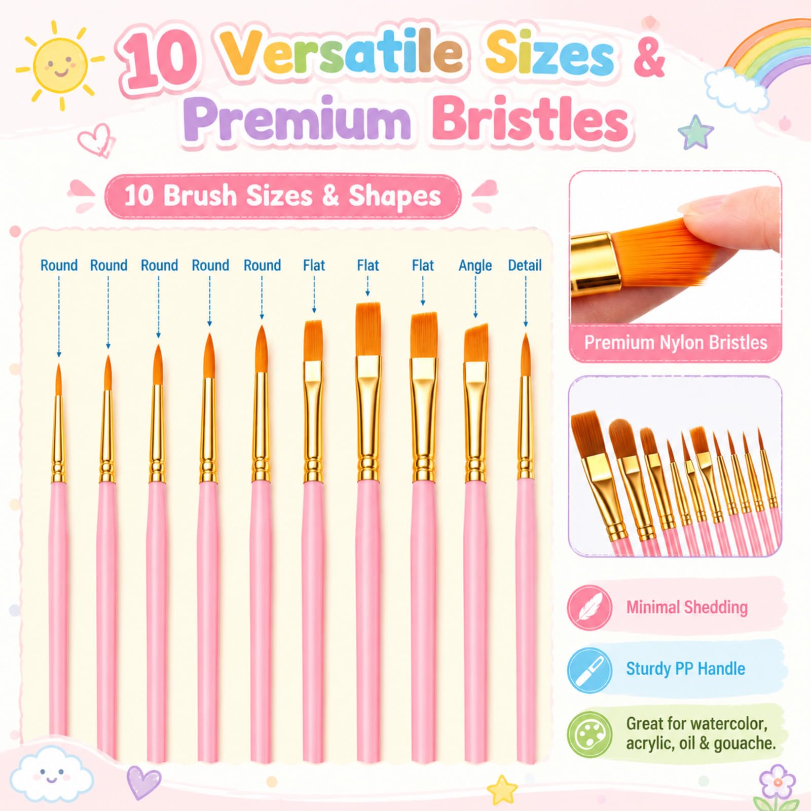Silipull Juego de 88 pinceles y paletas de pintura, paquete de 8 suministros de arte a granel incluye 80 pinceles (10 tamaños) y 8 bandejas grandes de pintura de flores, colores pastel para niños