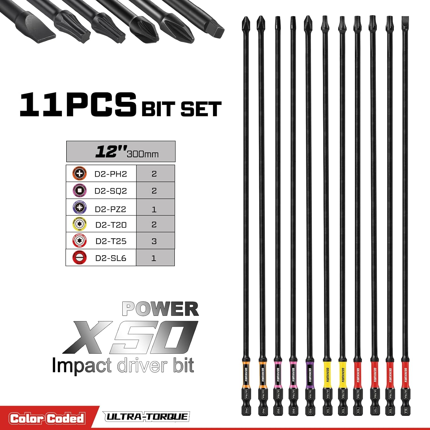 Geinxurn Impact Extra Long Screwdriver Bits Set, 11Pcs 300mm(12”) Phillips/Torx/Square/Slotted/Pozi Magnetic S2 Steel Power Driver Bits Set Stored in Color Coded Base