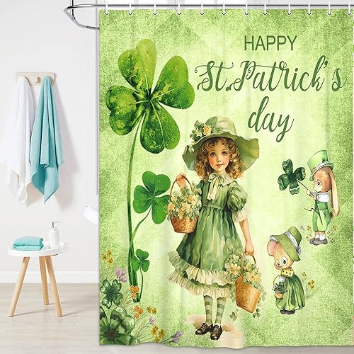 JAWO Happy St Patrick - Cortina de ducha con diseño de trébol verde vintage, con diseño de trébol verde con linda chica, juego de accesorios de baño