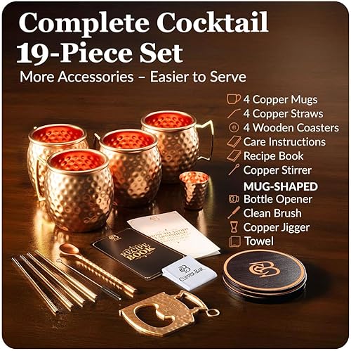 Miniatura 5 de Tazas de cobre Moscow Mule – Juego de 4 tazas de regalo únicas hechas a mano, martilladas por artesanos, tazas de cobre sólido 100% puro de 16 onzas