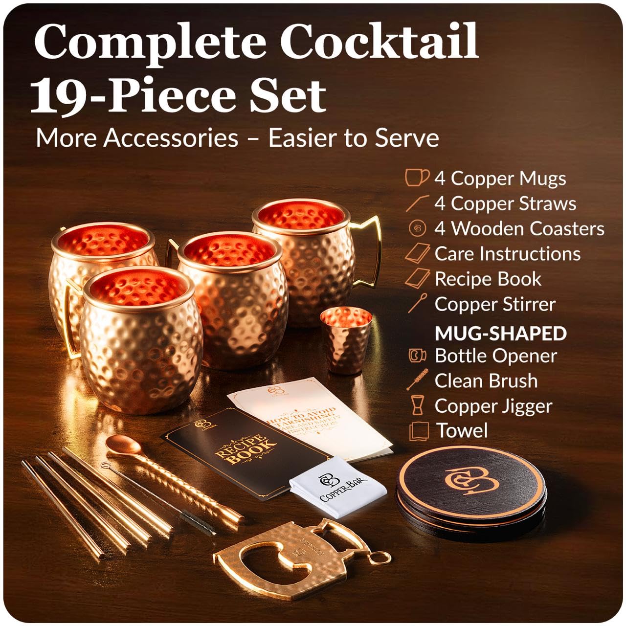 Copper-Bar Moscow Mule Kupferbecher | 4er-Set gehämmerter Becher | 100% HANDGEFERTIGT aus reinem Kupfer | Geschenkset mit Cocktailstrohhalmen, Schnapsglas, Untersetzern, Kupferrührer und Flaschenöffn