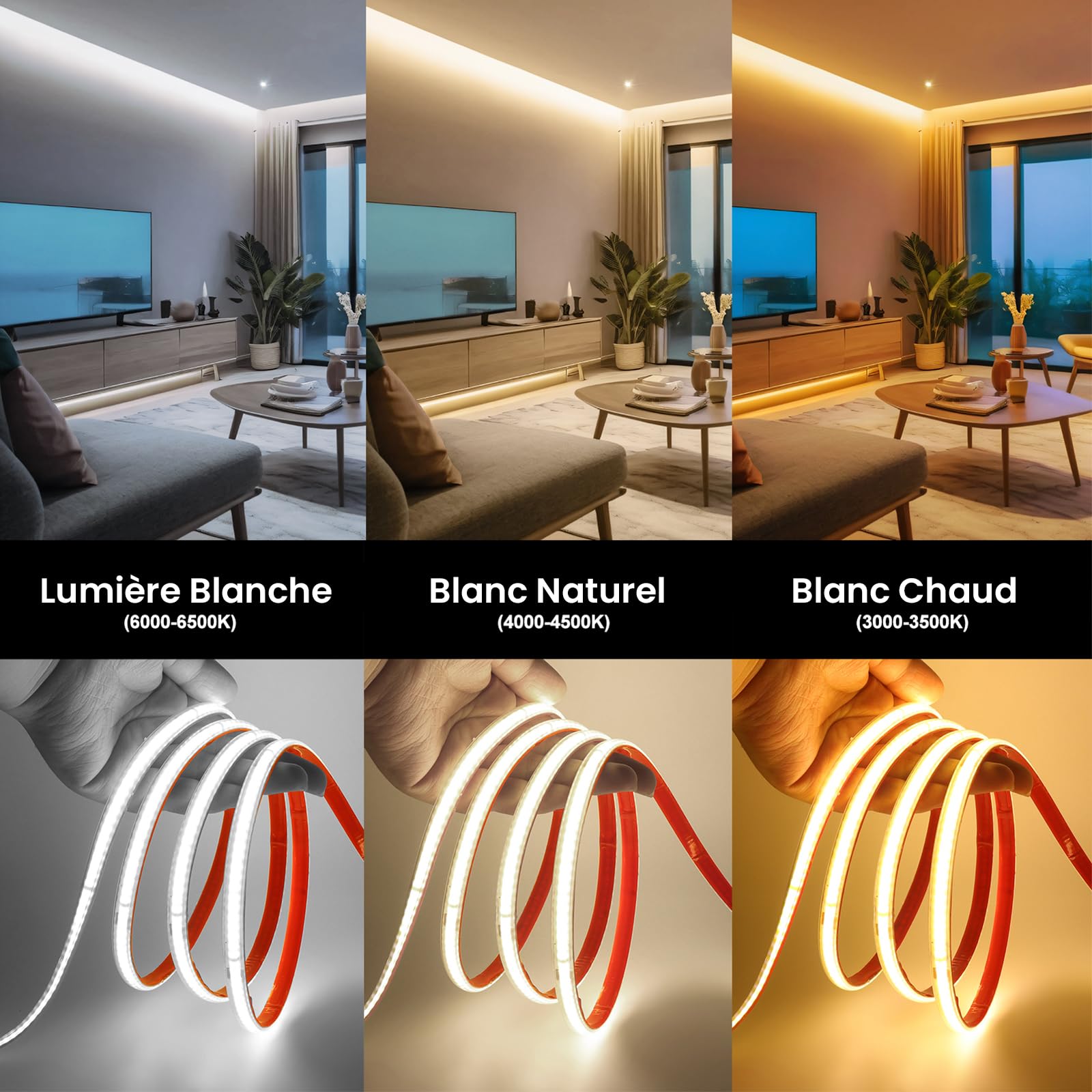 Bande LED COB Flexible 220V - 2 Mètres, 240 LEDs/m, IP65 étanche, Blanc Chaud 3000-3500K, Pour Décoration Intérieure Et Extérieure - 7