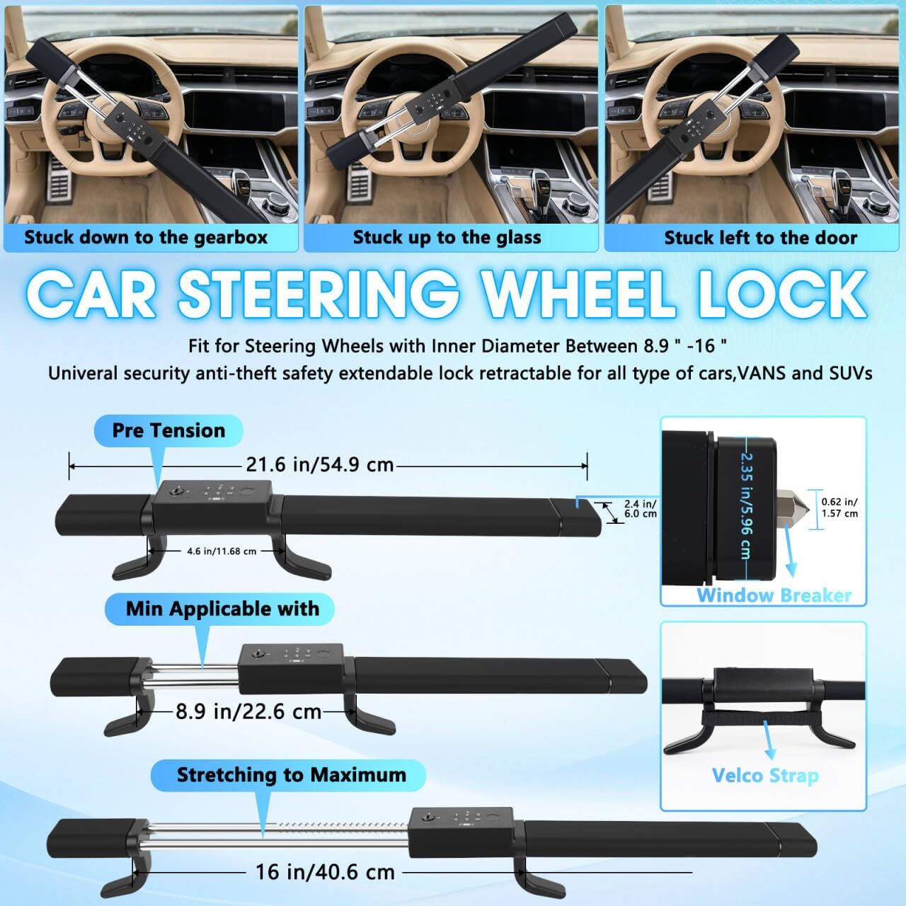 5 in 1 Smart Steering Wheel Lock with Fingerprint,Password,Card,Keys Unlock,Heavy Duty Adjustable Anti-Theft Device with Incorrect Entry Alarm&Anti-Tamper Alarm,Fits 8.9–16" Car Truck Wheels