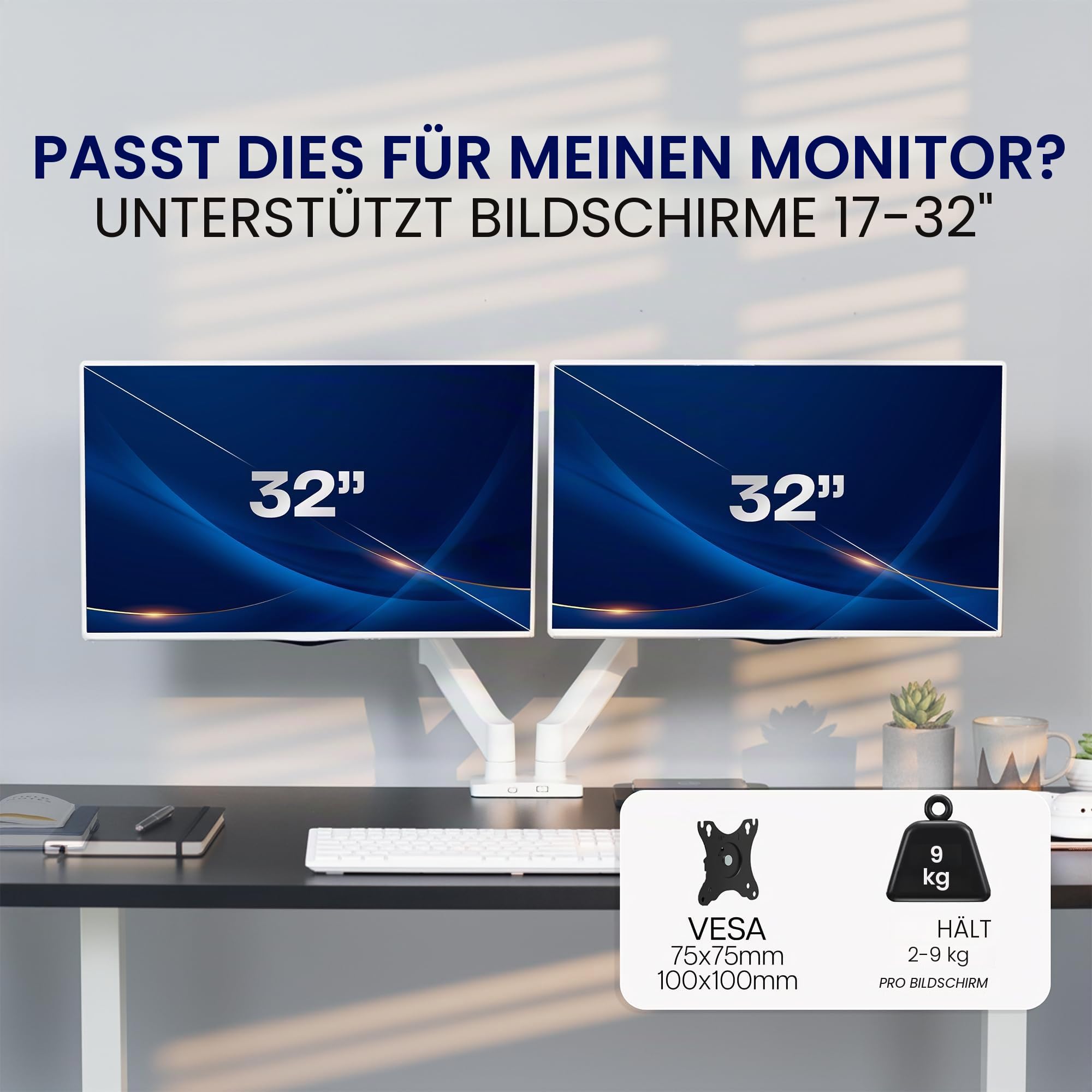 VIVO STAND-V002OW Dual-Monitor bis zu 81,3 cm (32 Zoll) und 9 kg pro Bildschirm, mechanische Arm-Schreibtischhalterung, Gelenk-Gegengewicht, VESA-Ständer, klassisch, Weiß
