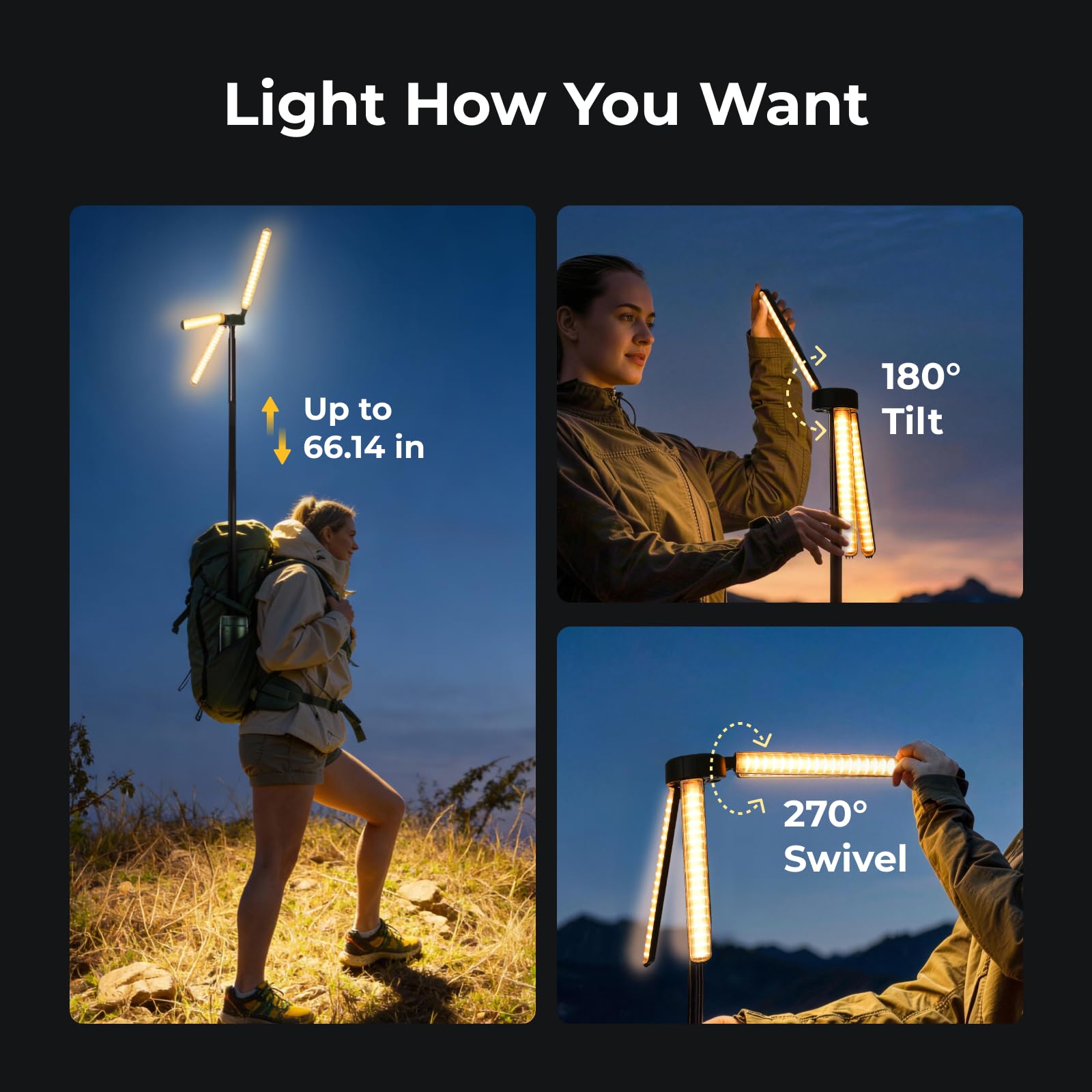 BougeRV Lampada da campeggio telescopica, 15600 mAh, lanterna ricaricabile, luce da campeggio portatile, 1000 x 3 lumen, luce da campeggio girevole per tenda, emergenza, all'aperto, resistente