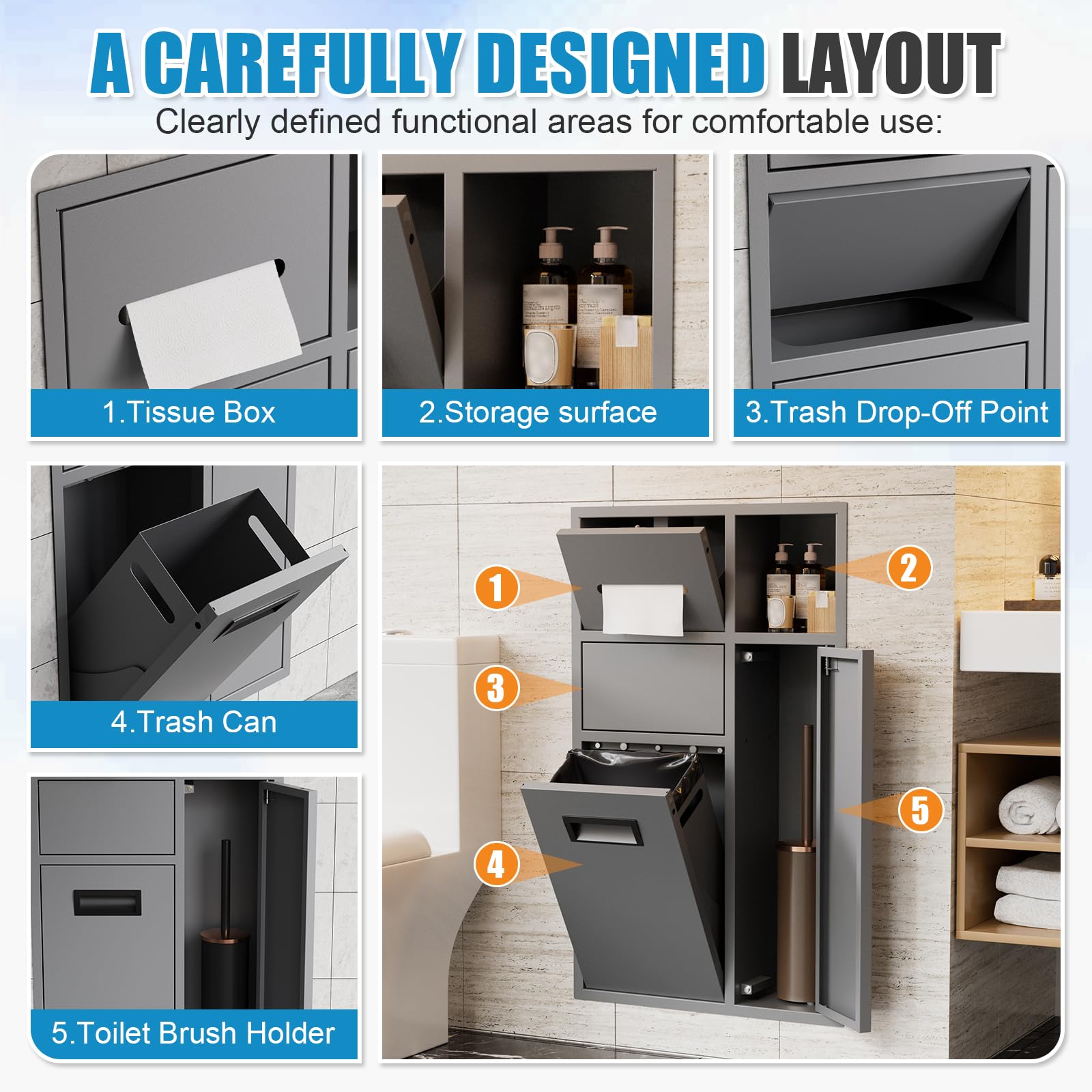 MSFE Portarrollos de Papel Higiénico Empotrado,4 en 1 Nicho de Acero Inoxidable con Porta Pañuelos, Estante,Papelera y Armario para Escobillas de Baño para Baños y Aseos,67 * 40 * 14.13 CM