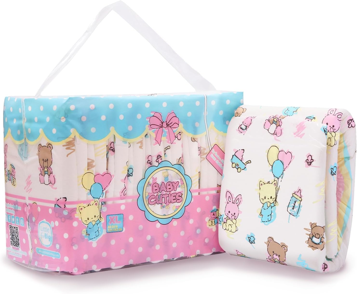 LittleForBig Adult Diaper, Unisex, Animal Print, Pink Baby Cuties, Size XL, 1 Count, Disposable, Fabric, 1E+1 count