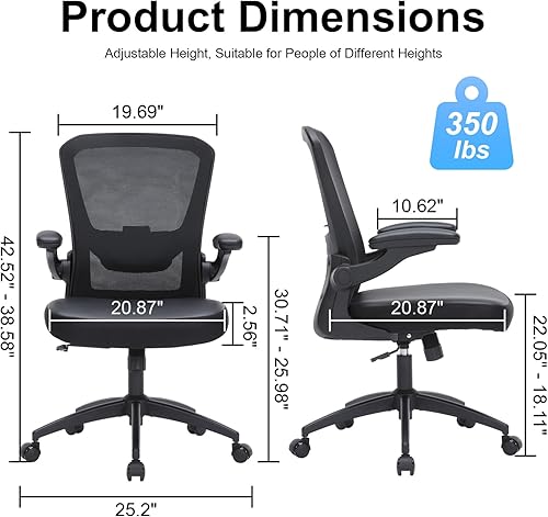Miniatura 3 de Silla de oficina, silla de escritorio ergonómica resistente de 350 libras con brazos abatibles, sillas de escritorio de oficina en casa con altura