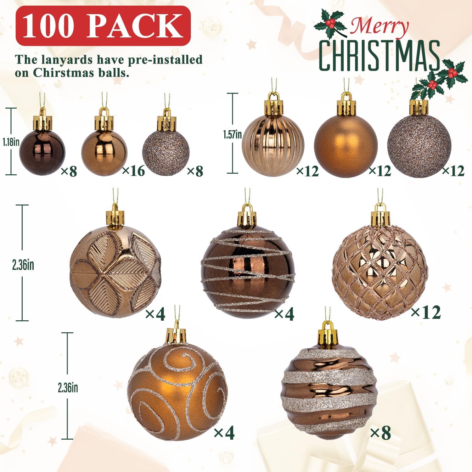 100ct Christmas Ball Ornaments Set, Bronze Copper Brown Dark Gold Xmas Tree Decorations, Shatterproof Decorative Hanging Balls with Brass-Tone Metallic Finish for Party Holiday Home Decor
