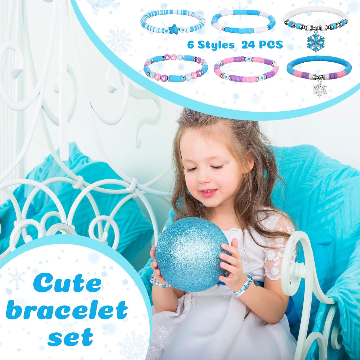 Landical 24 Pcs Snowflake Bracelets Snowflake Birthday Party Favors Supplies Stretch Adjustable Clay Bracelets Blue Purple Friendship Bracelet for Birthday Gifts Goodie Bag Decorations - Image 5