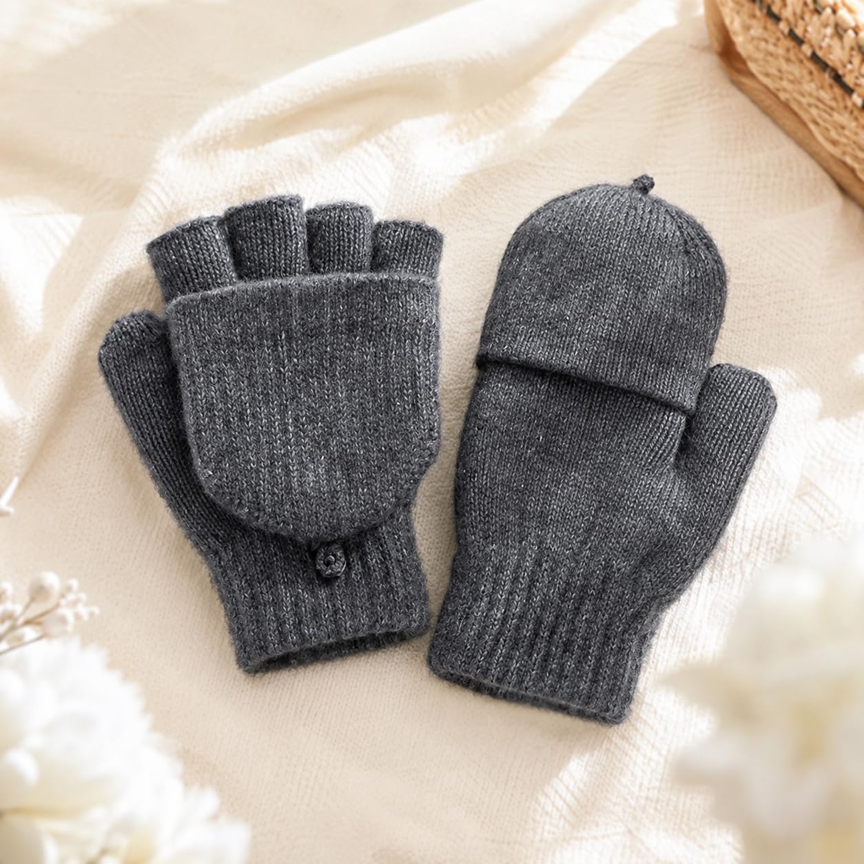 kids Flip Top Knit Gloves for Cold Weather Convertible Half-Finger Gloves for Outdoor Activities