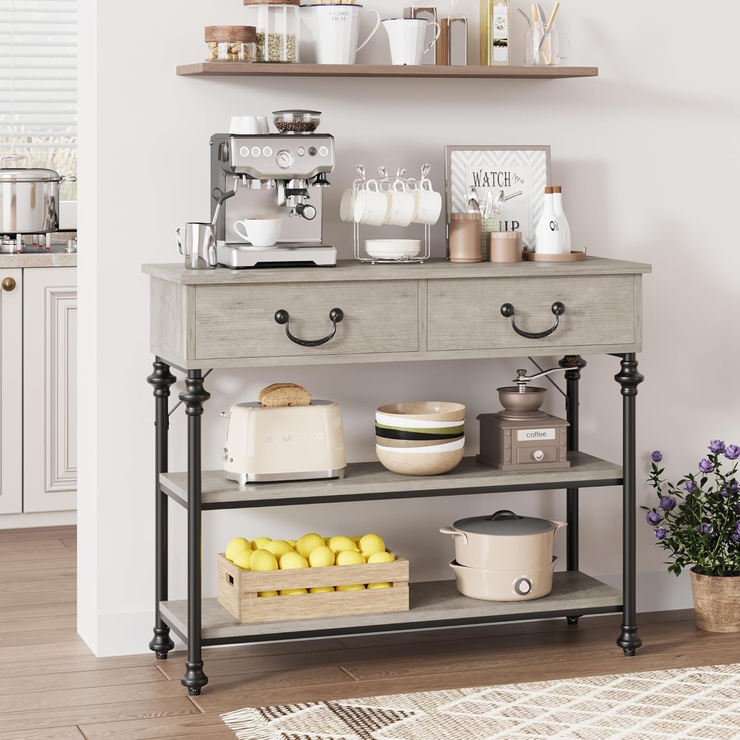 GarveeHome Mesa Consola Estrecha Moderna con 2 cajones y estantes – Estilo Columna Romana, Patas Calabaza – para recibidor, salón, Pasillo o detrás del sofá – Estructura Robusta – Color Gris