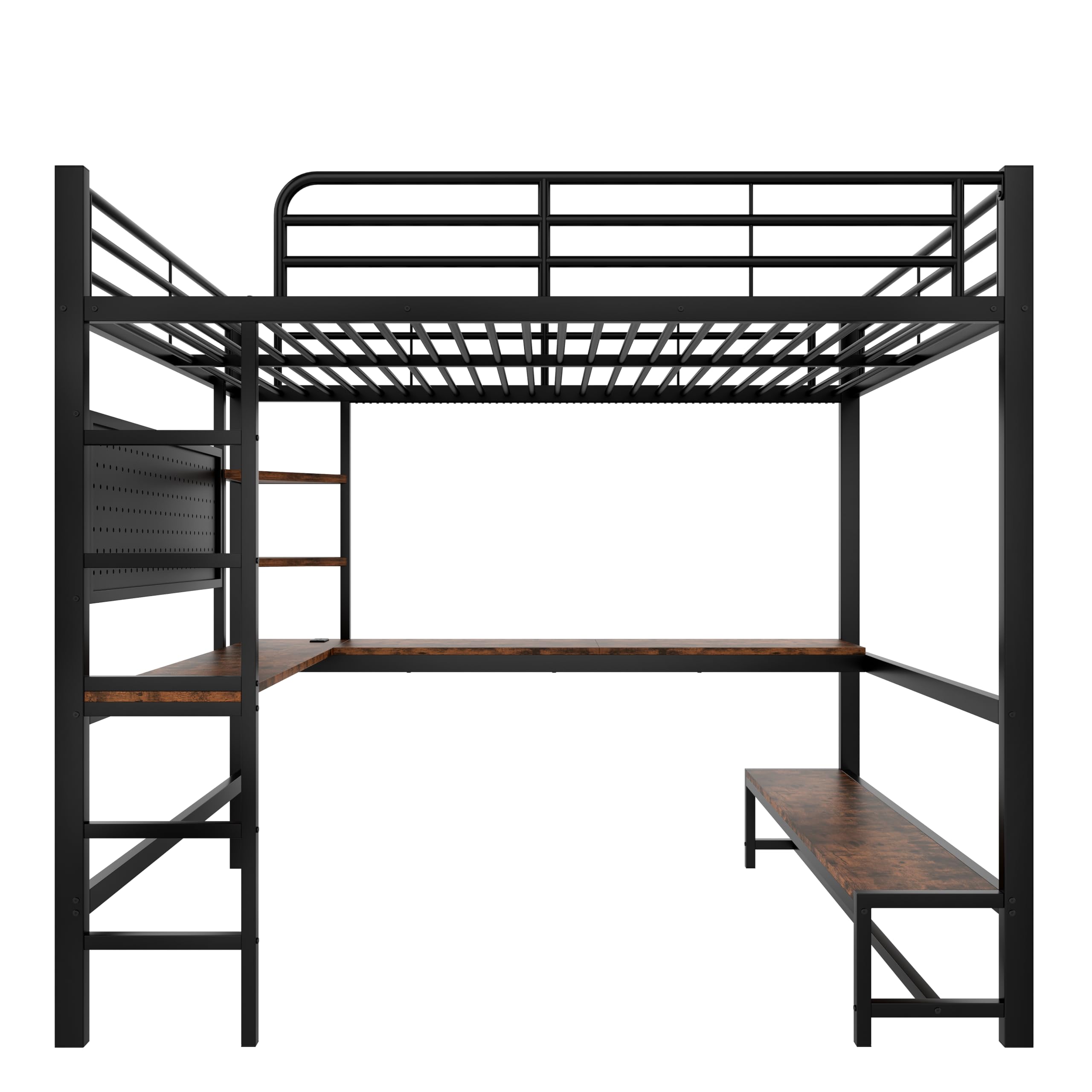 Moimhear Letto a soppalco, con struttura in ferro, scrivania, ringhiera, scala, diversi ripiani, con USB+Type-c, con barra LED, con tavola forata, senza materasso (nero, 140x200cm)