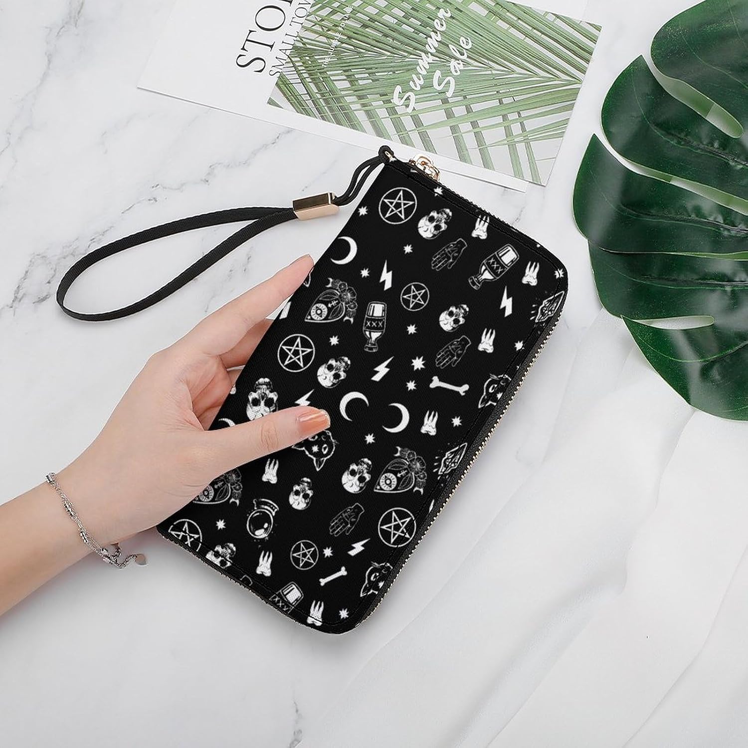 Gothic Trippy Moon Skull Cat Bone Black Art Portable Long Handheld Wallet, Large Capacity Wallet