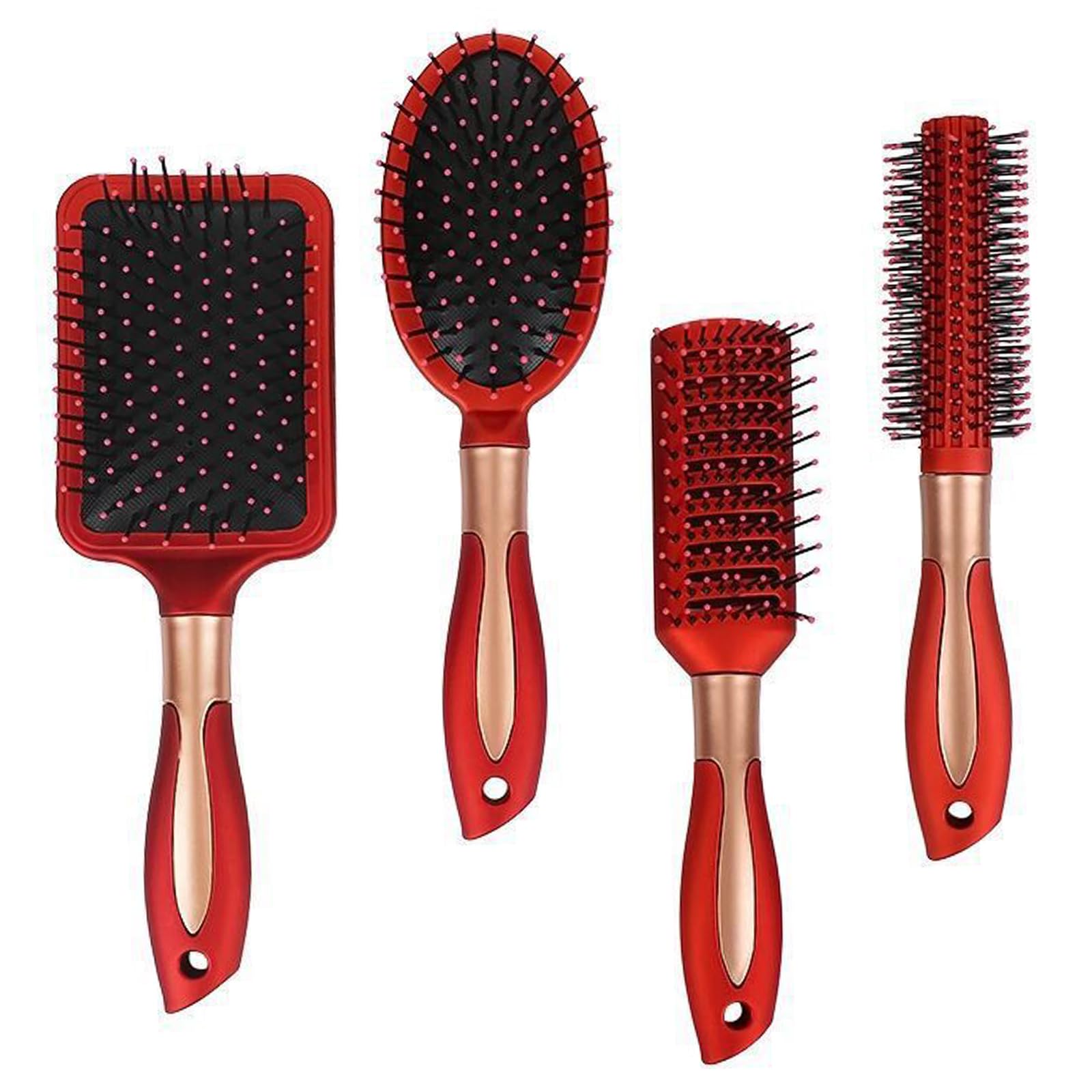 Hair Brush Set ,DDUP 4 PACK Anti Static Massage Oval Comb Round, Vent,Detangling,Paddle Brush for Women Men (Red)