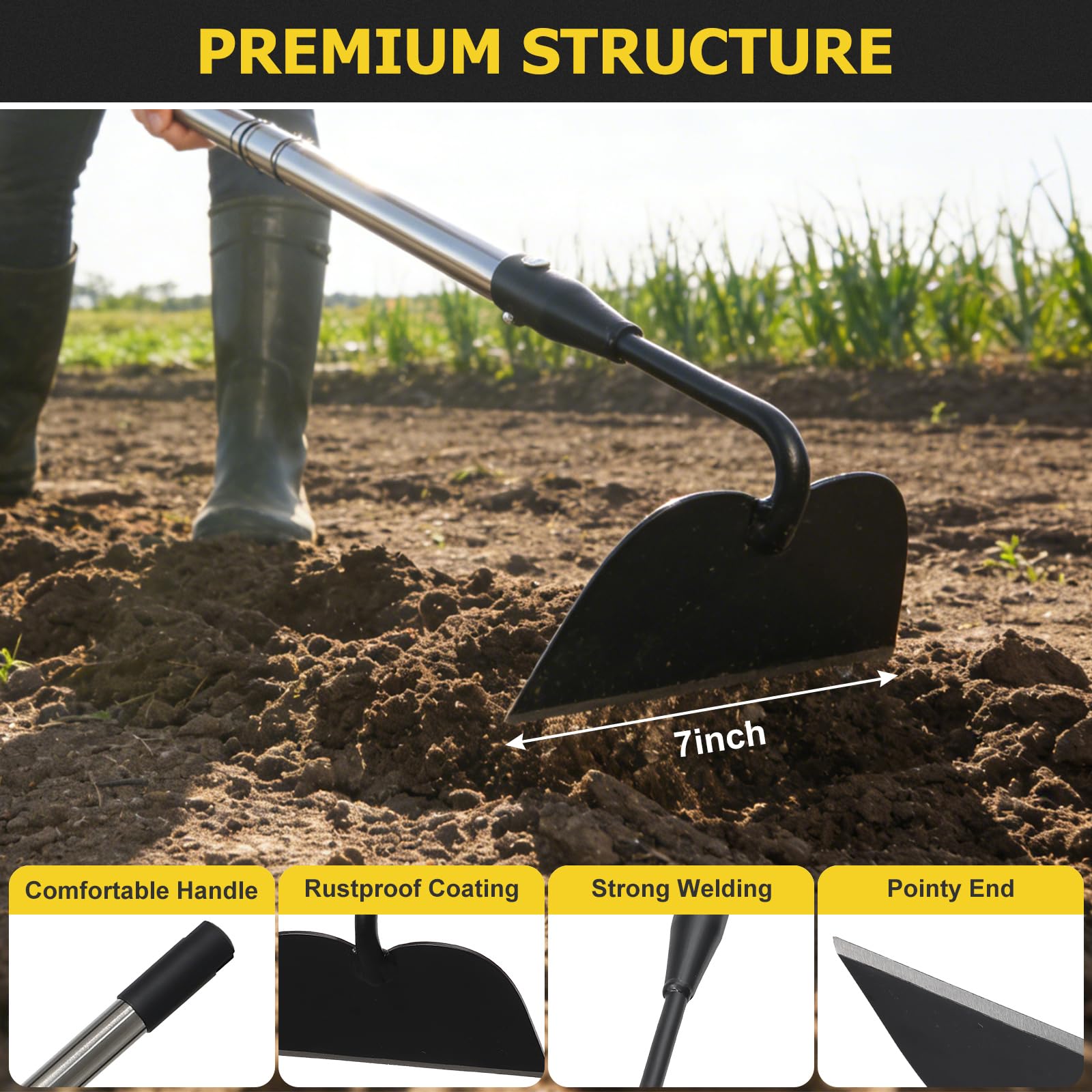 Draw Hoe - Herramienta de jardín, azadas de jardín resistentes para desmalezar, mango largo, fácil de levantar, raspar, desmalezar para jardín, azada ajustable de 63 pulgadas con hoja soldada de 7
