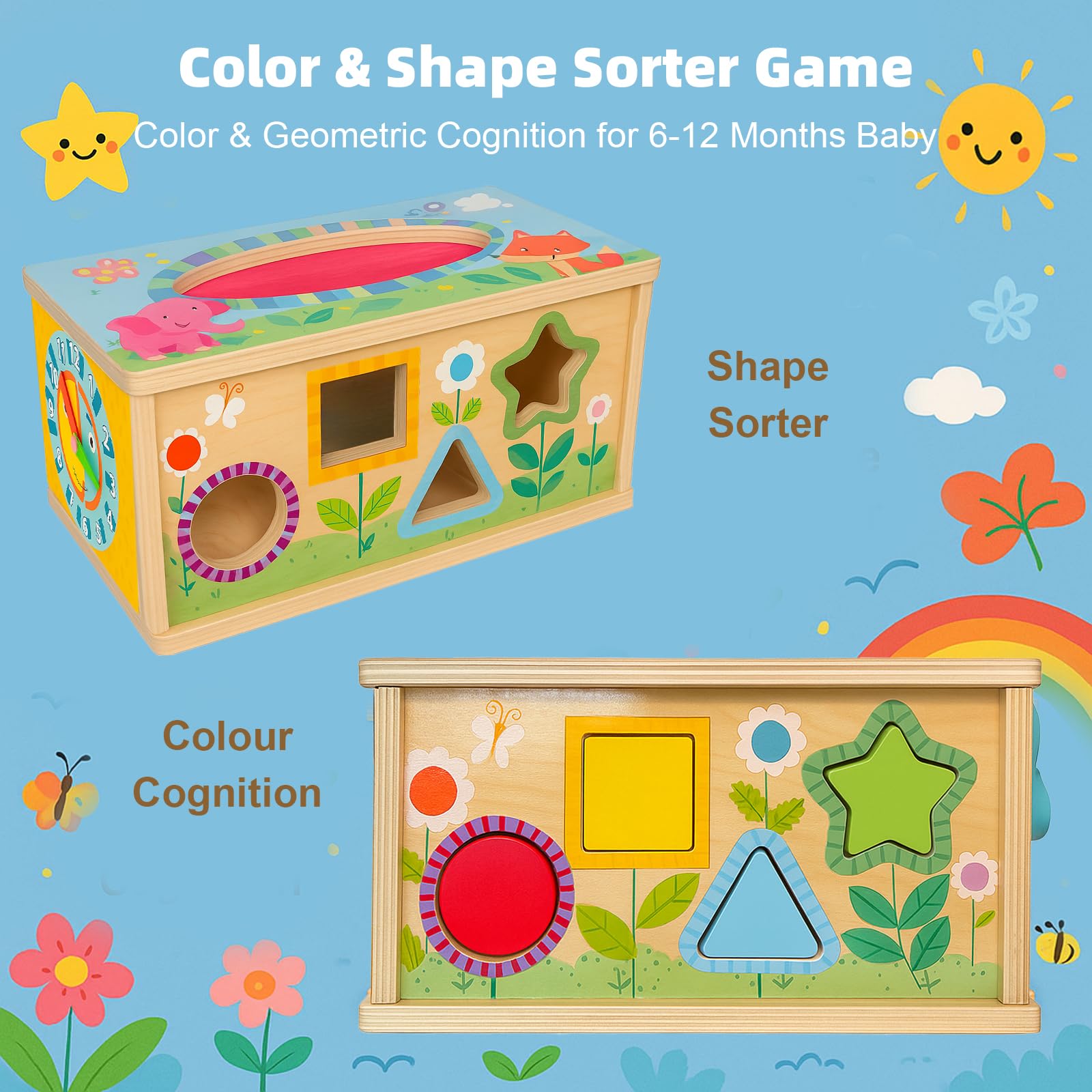 Caja de pañuelos Montessori 6 en 1, cubo de actividades de madera para más de 6 meses, rompecabezas clasificador de colores y formas, juguetes sensoriales para 12-18 meses. Regalo de habilidades 4