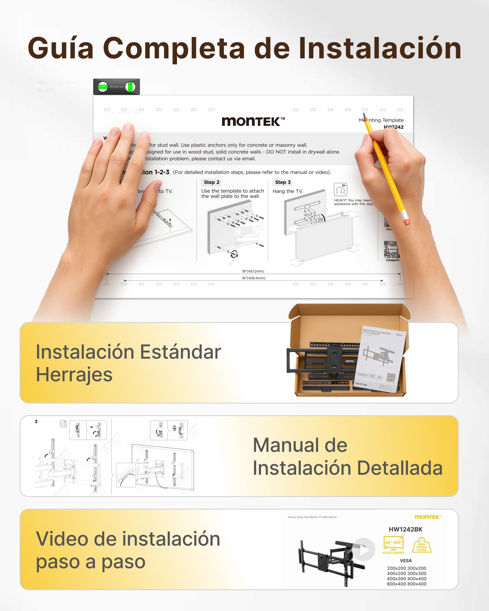 monTEK Soporte TV de Pared 43~95", VESA 800×400mm máx. Carga máx.60kg | Soporte de Televisor de Pared, Soporte de Pared, Modelo de Pared Con Brazos Oscilantes, Giratorio e Inclinable